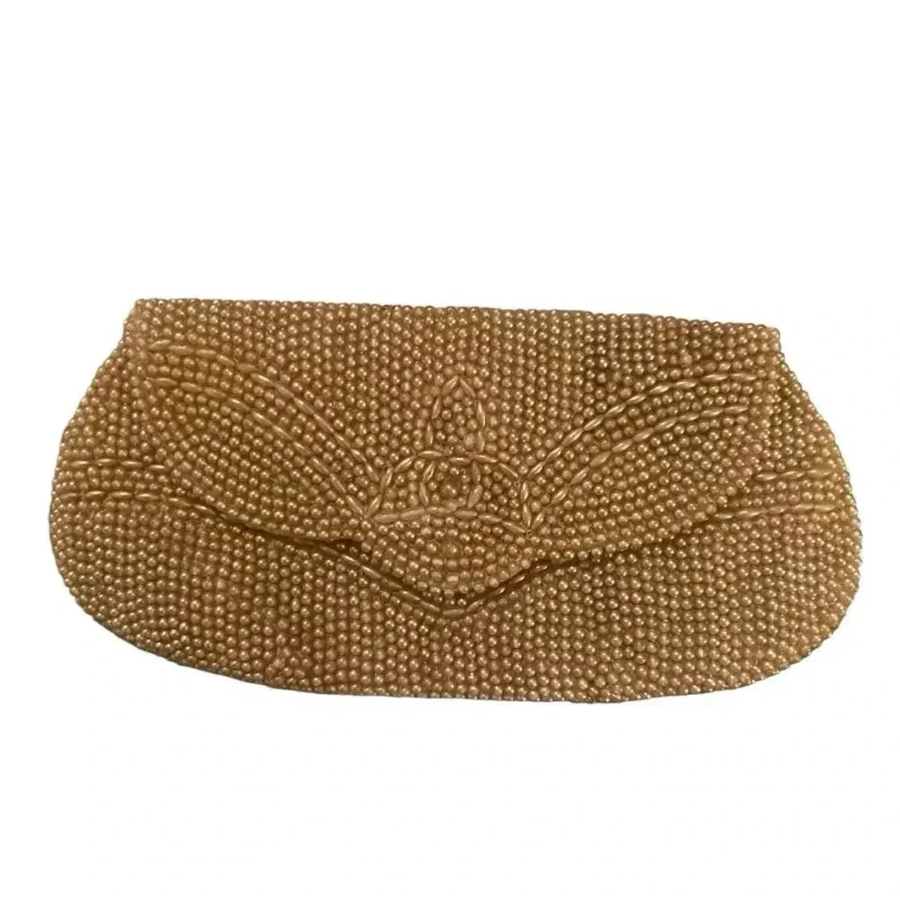 Vintage MCM Pearl Beaded Evening Clutch With Mirror